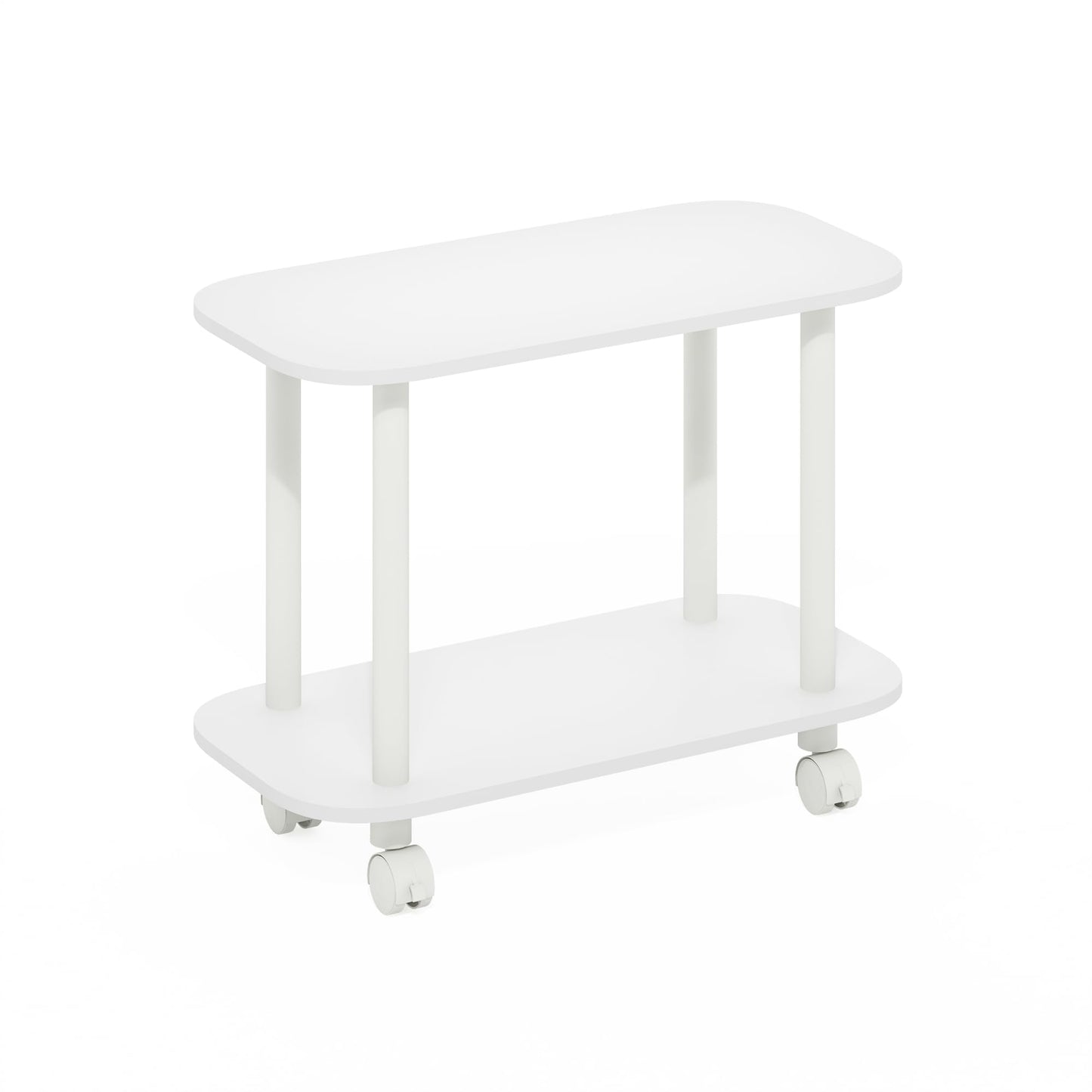 Furinno Turn-N-Tube Book Cart, 2-Tier Oval Sofa Side Table with Wheels, Round Corner Night Stand, End Table with Open Shelf, Toolless Assembly, for Living Room, Bedroom, White
