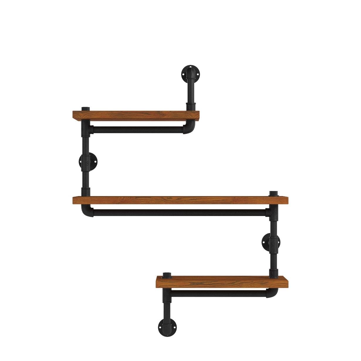Diwhy Industrial Pipe 3 Tier Wall Mounted Floating Shelf, Rustic Wrought Iron Solid Wood Storage Display Shelf for Home Living Room Bedroom Decor