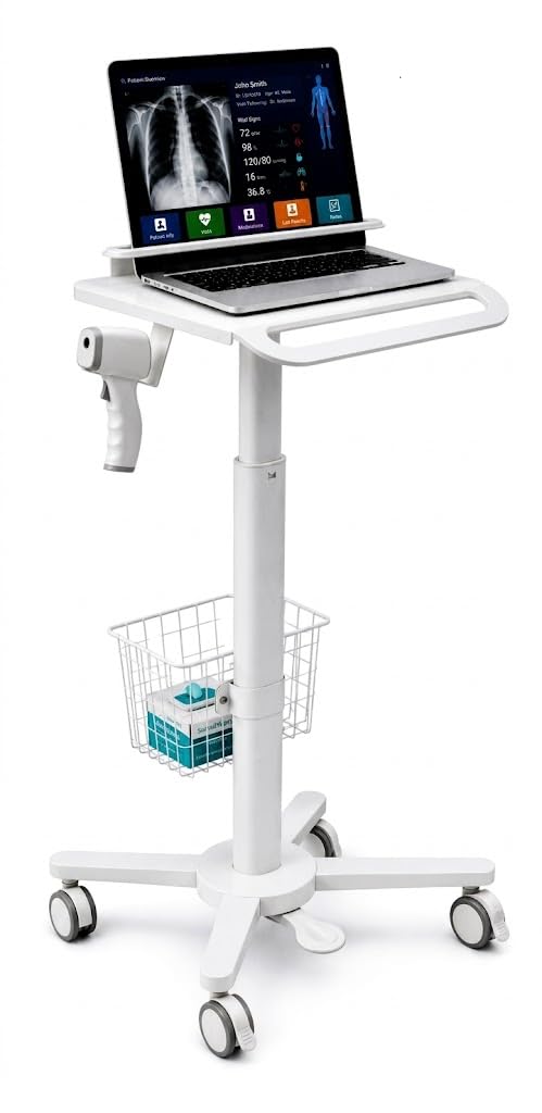 MB-C13-4 Height Adjustable, Lightweight, Anti-Theft, Anti-Slip Medical Laptop Workstation Trolley Cart with Wheels, Oral Scanner Holder, Basket Storage | Tabletop for Dental Office, Hospital, Clinic