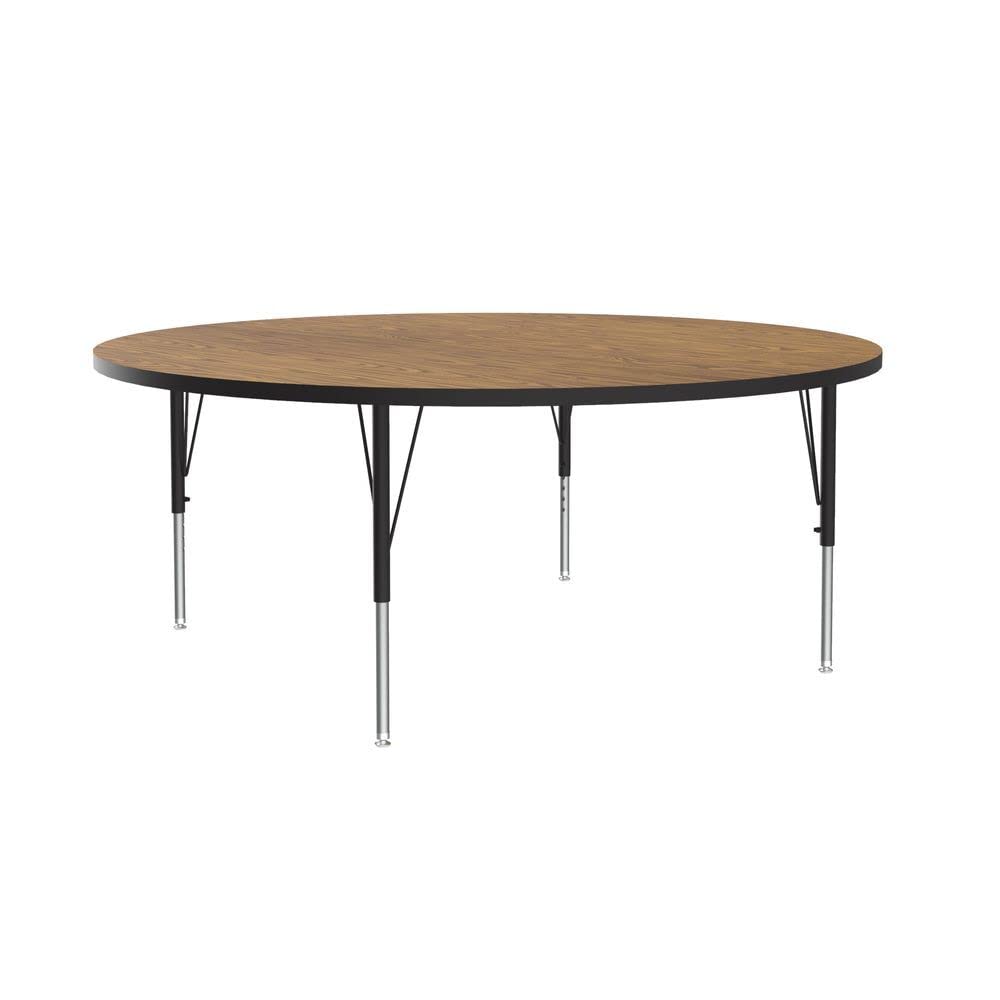 Correll 48" Round Econoline Classroom Activity Table, Medium Oak Melamine Top, Height Adjustable (19"-29"), Black/Chrome Legs, School Furniture, Made in The USA