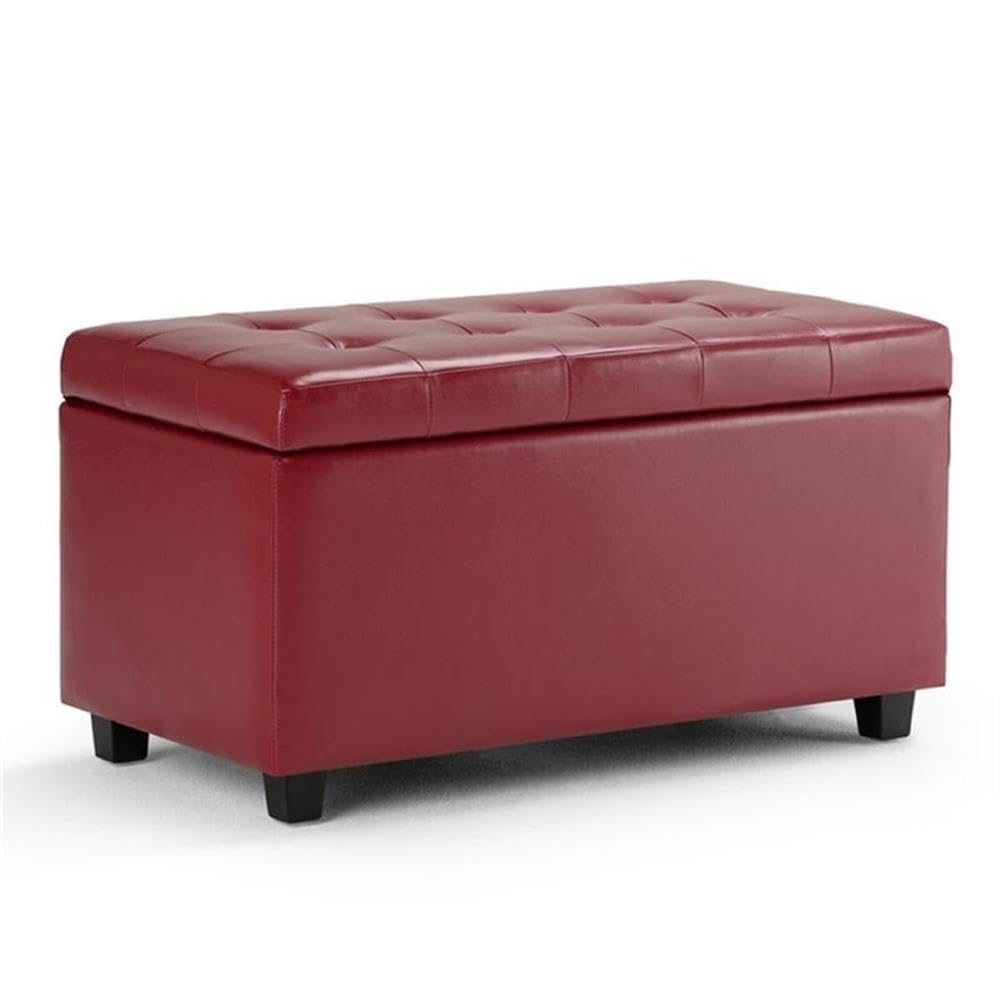 SIMPLIHOME Cosmopolitan Storage Ottoman - 34 inch Wide Upholstered Vegan Leather Rectangle Storage Ottoman Bench in Red, Transitional Tufted Ottoman for Living Room or Entryway with Lift-Up Lid