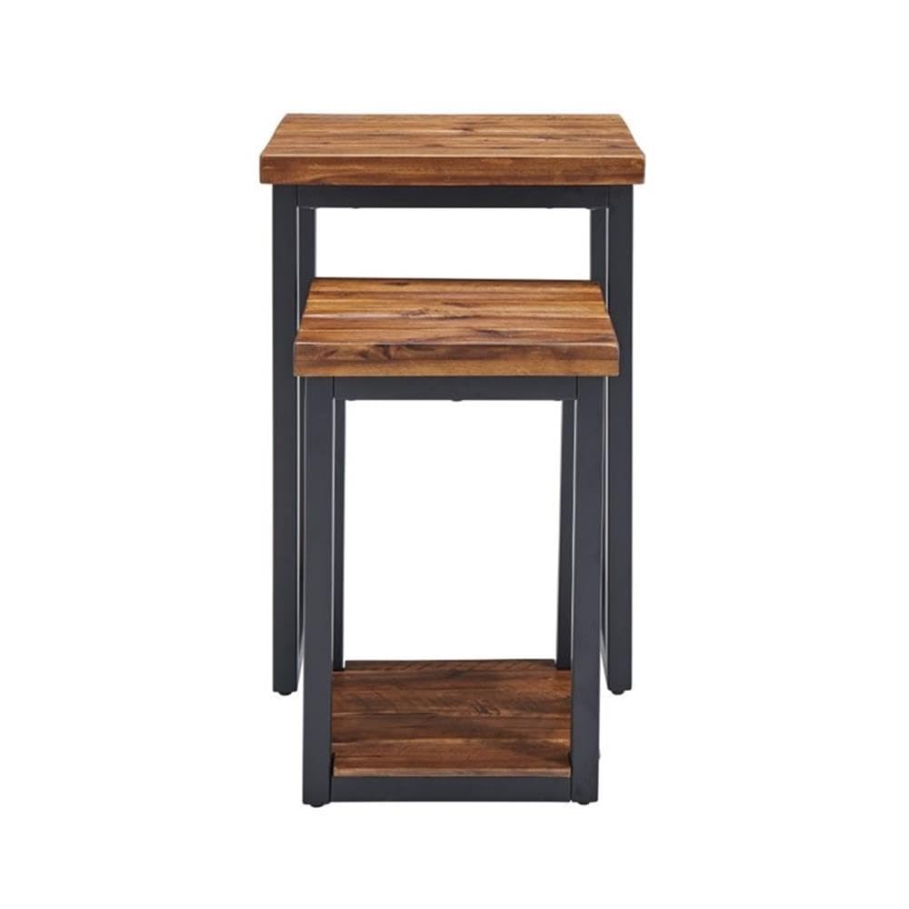 Claremont Rustic Wood Nesting End Tables, Set of 2, Solid Wood and Black-Finished Metal, Large Table 18 in. W x 14 in. D x 26 in. H, Small Table 13.5 in. W x 11.5 in. D x 26 in. H, Drawers and Shelf