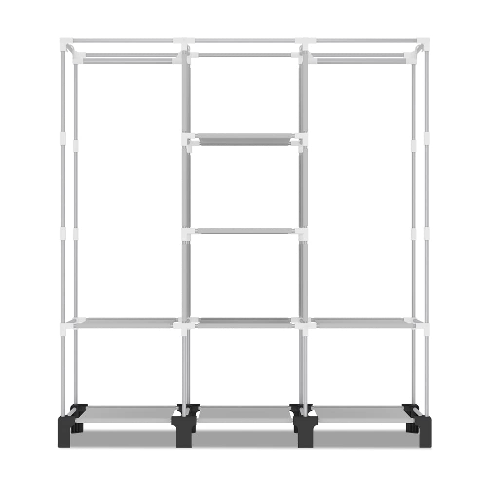 oumylovelsc Portable Wardrobe, Easy Hanging Closet 6 Side Pockets Large Capacity Clothes Organizer Comes with 2 Hanging Poles and Shelves, Width 130cm, Depth 45cm, Height 172cm (Grey)