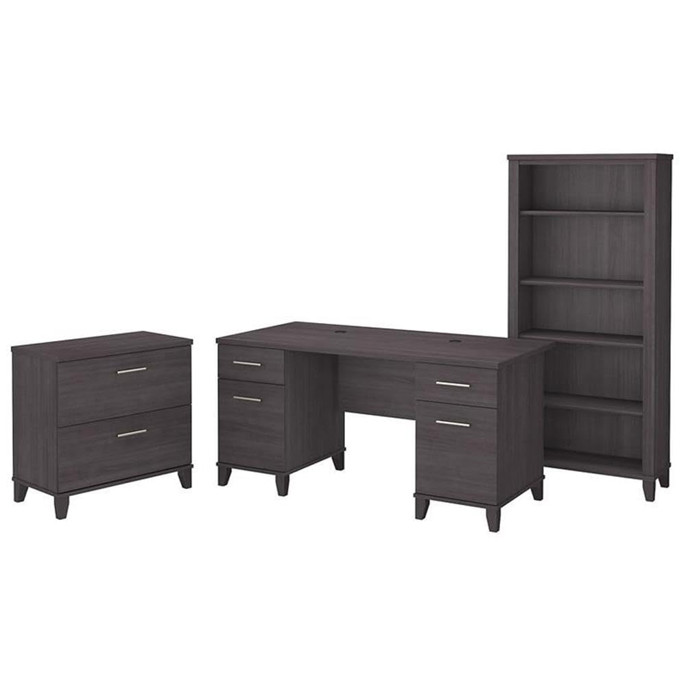 Bush Furniture Somerset 60W Office Desk with Lateral File Cabinet and 5 Shelf Bookcase in Storm Gray