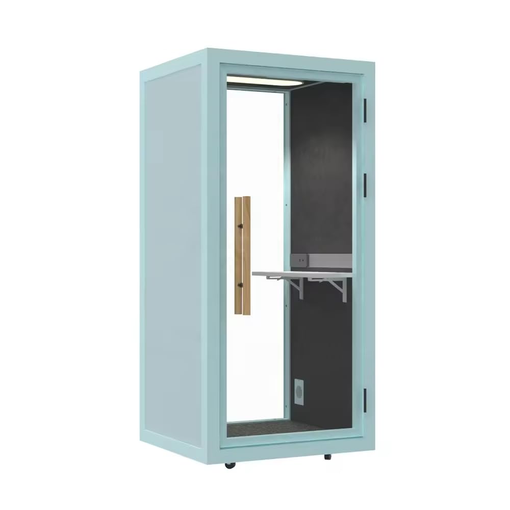 Electric Height Adjustable Office Pod Booth, Mobile Sound Proof Booth, Sound Pod with Wheels and Feet, Build-in Table Top, LED Lighting System, AC, USB Ports (Light grey Blue, W 40 x D 39 x H 91 Inch)