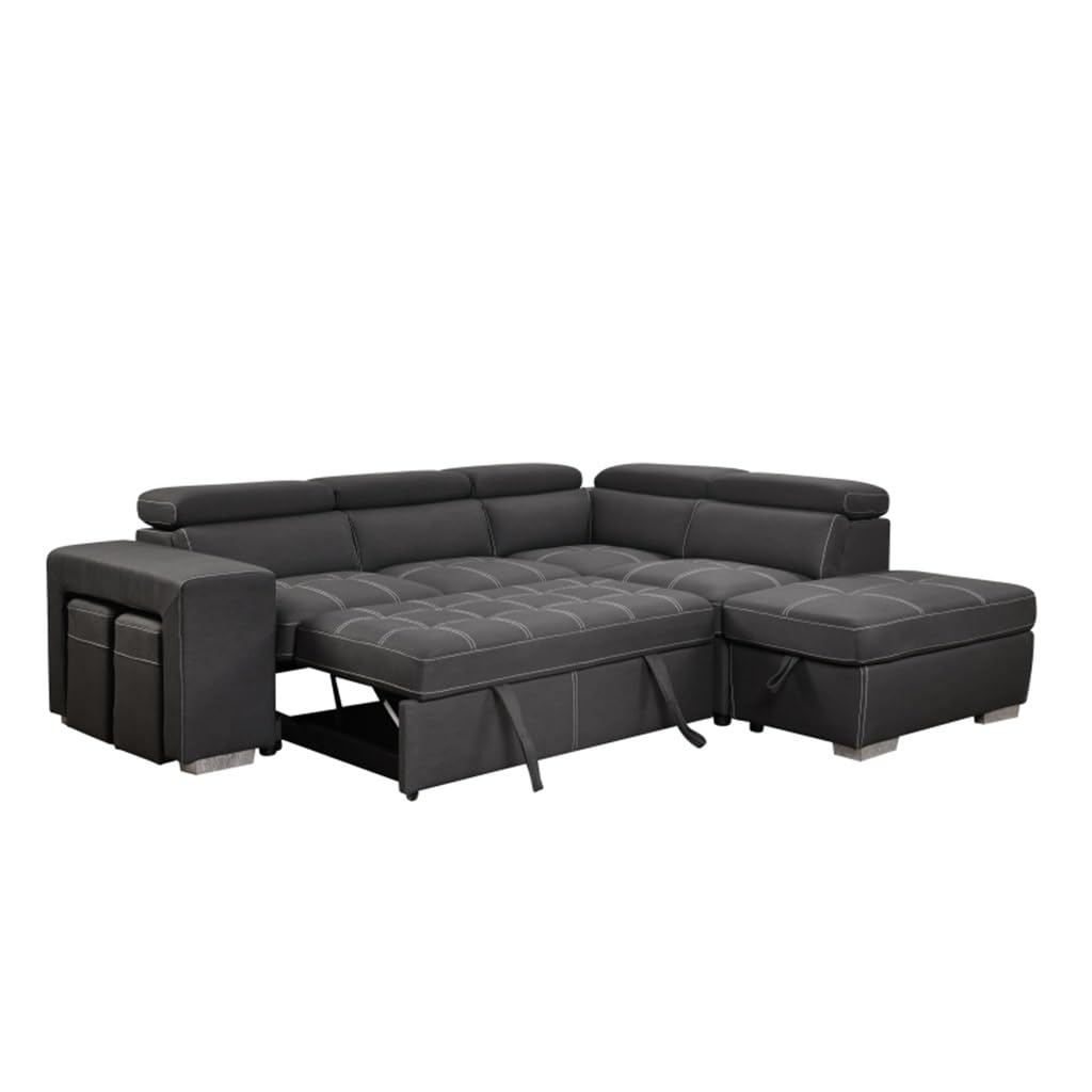 105" Sectional Sofa with Adjustable Headrest,Sleeper Sectional Pull Out Couch Bed with Storage Ottoman and 2 Stools