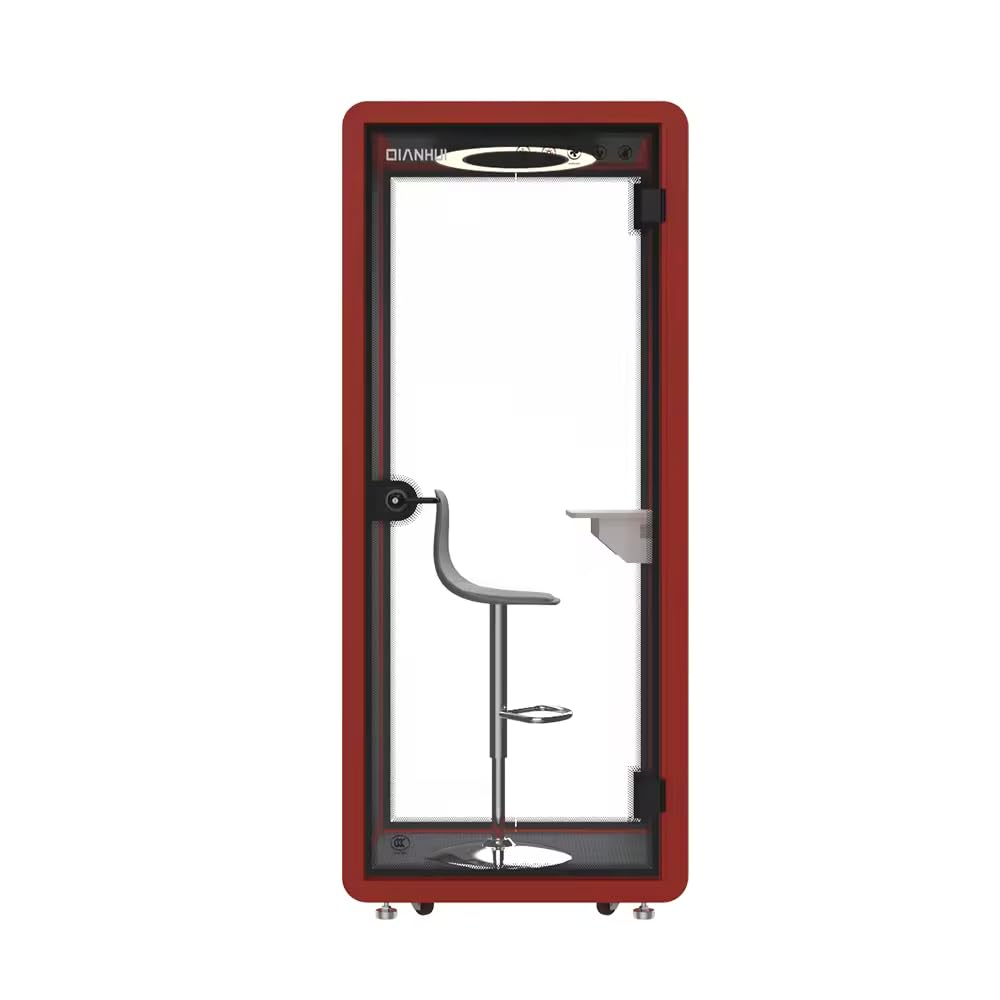 Electric Height Adjustable Office Pod Booth, Mobile Sound Proof Booth, Sound Pod with Wheels and Feet, Build-in Table Top, LED Lighting System, AC, USB Ports (Maroon, W 40 x D 39 x H 91 Inch)