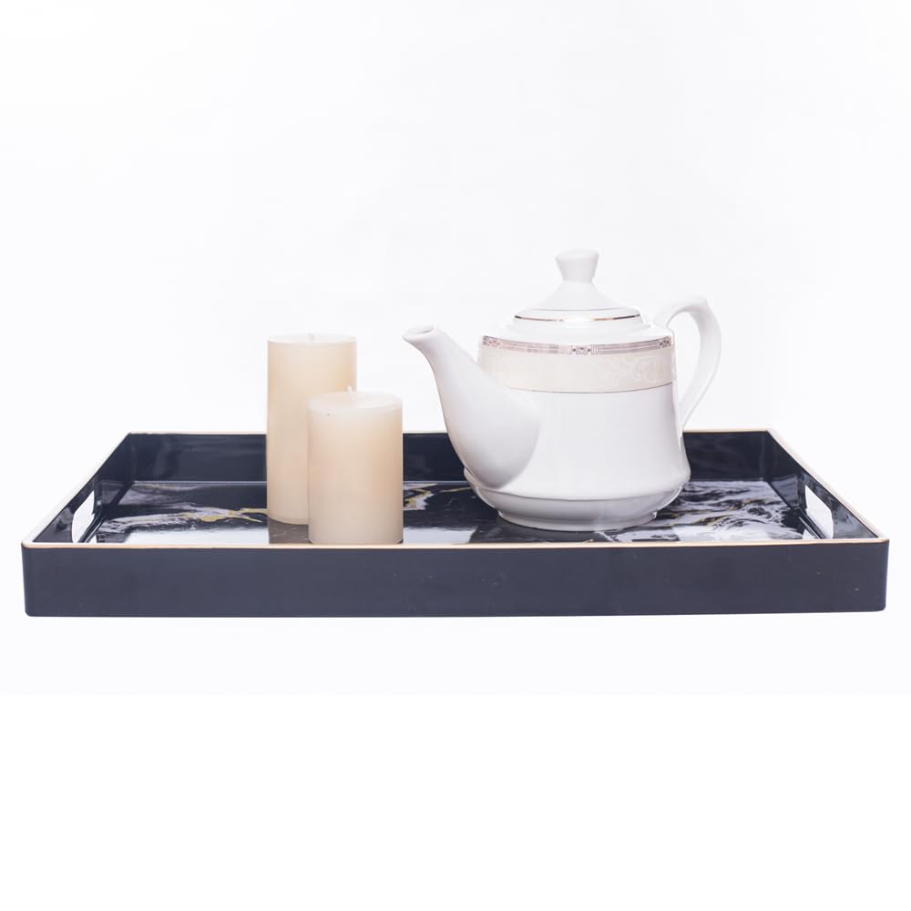 MAONAME Decorative Tray, Plastic Marbling Tray with Handles, Rectangular Coffee Table Trays for Ottoman, Bathroom, 15.7” x 10.2”, Black