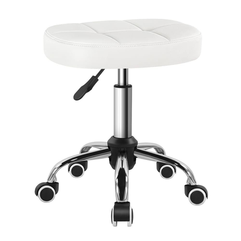 BFTOU White 6-Square Lattice PU Swivel Stool with Wheel for Work SPA Shop Massage Height-Adjustable and Cost-Effective Rolling Stool Chair