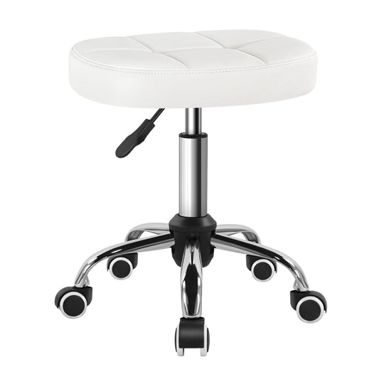 BFTOU White 6-Square Lattice PU Swivel Stool with Wheel for Work SPA Shop Massage Height-Adjustable and Cost-Effective Rolling Stool Chair