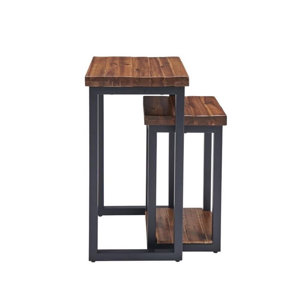 Claremont Rustic Wood Nesting End Tables, Set of 2, Solid Wood and Black-Finished Metal, Large Table 18 in. W x 14 in. D x 26 in. H, Small Table 13.5 in. W x 11.5 in. D x 26 in. H, Drawers and Shelf