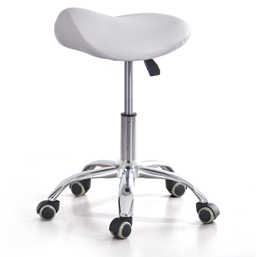 CAISHI Ergonomic Saddle Rolling Stool for Salon Office Bar Tattoo Lash Tech Manicure Kitchen Hygienic Home Eyelash Artist Spa Metal Stool with Wheels Adjustable Seat Chair,White