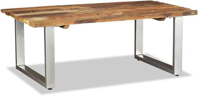 Multicolor Solid Reclaimed Wood Coffee Table, Industrial Wrought Iron Frame