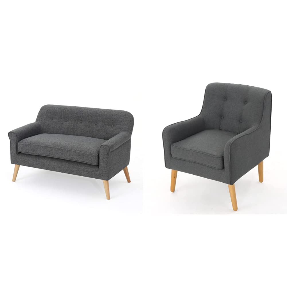 Christopher Knight Home Mariah Mid-Century Modern Loveseat (Grey) and Felicity Mid-Century Fabric Arm Chair (Charcoal)