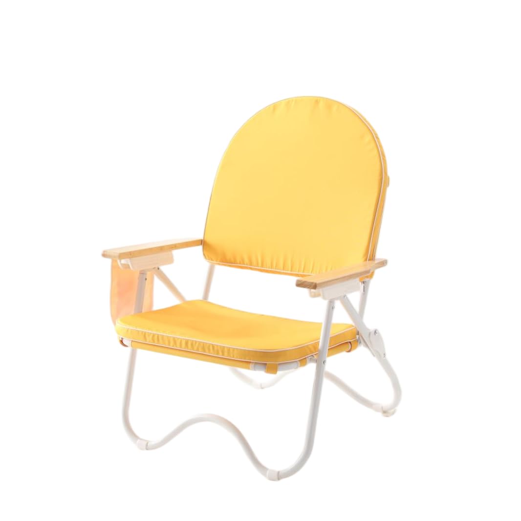 DEER LAND Padded Low Beach Chair, 4-Position Folding Outdoor Chair with Wooden Armrests, Cushioned Seat, Storage Pouch & Carry Strap for Beach, Patio and Lawn, Harbour Mimosa