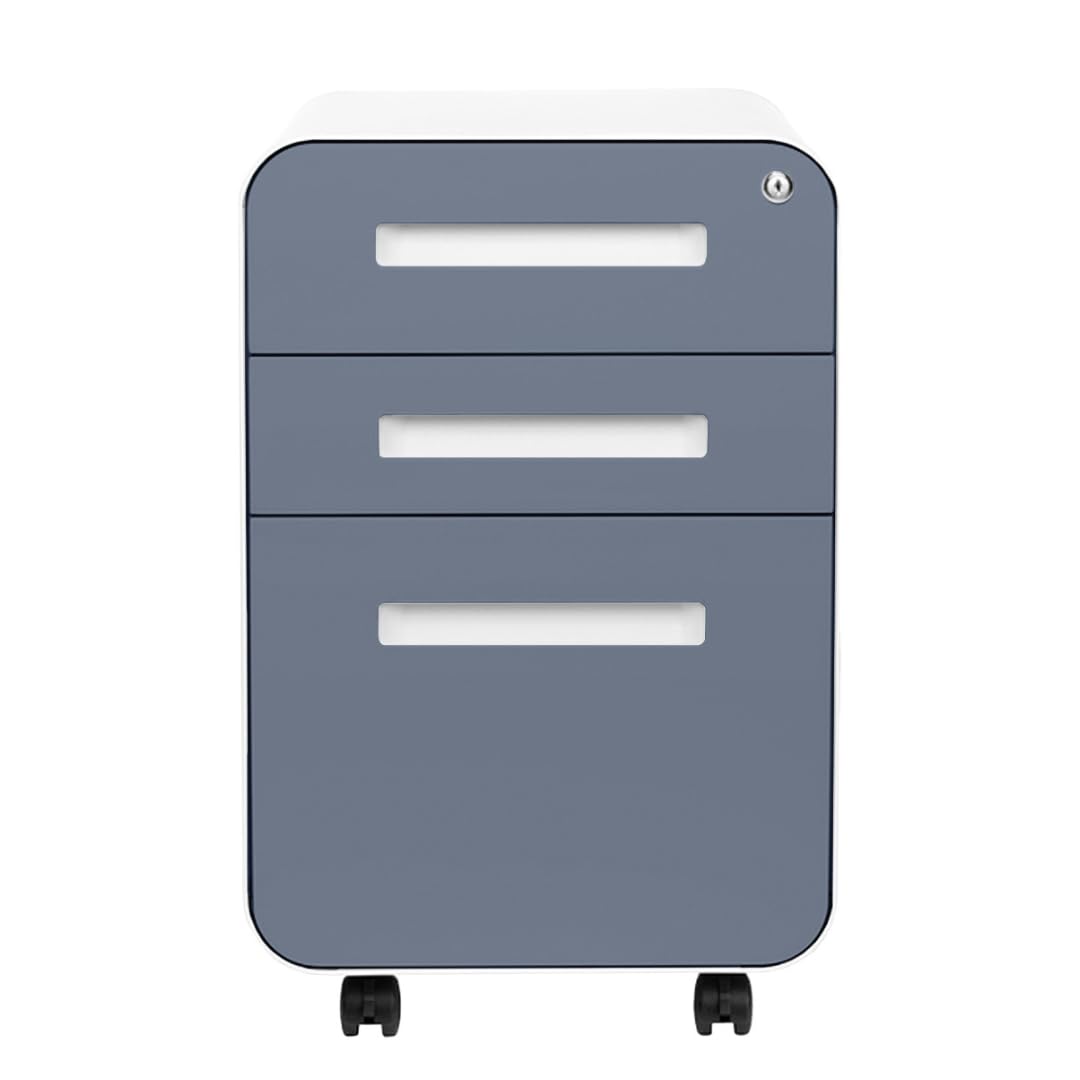 Laura Davidson Furniture Stockpile 3 Drawer File Cabinet with Lock - Under Office Desk Metal Filing Cabinet, Legal/Letter File Folders, Wheels and Stationary Feet, Pre-Assembled, Coastal Blue