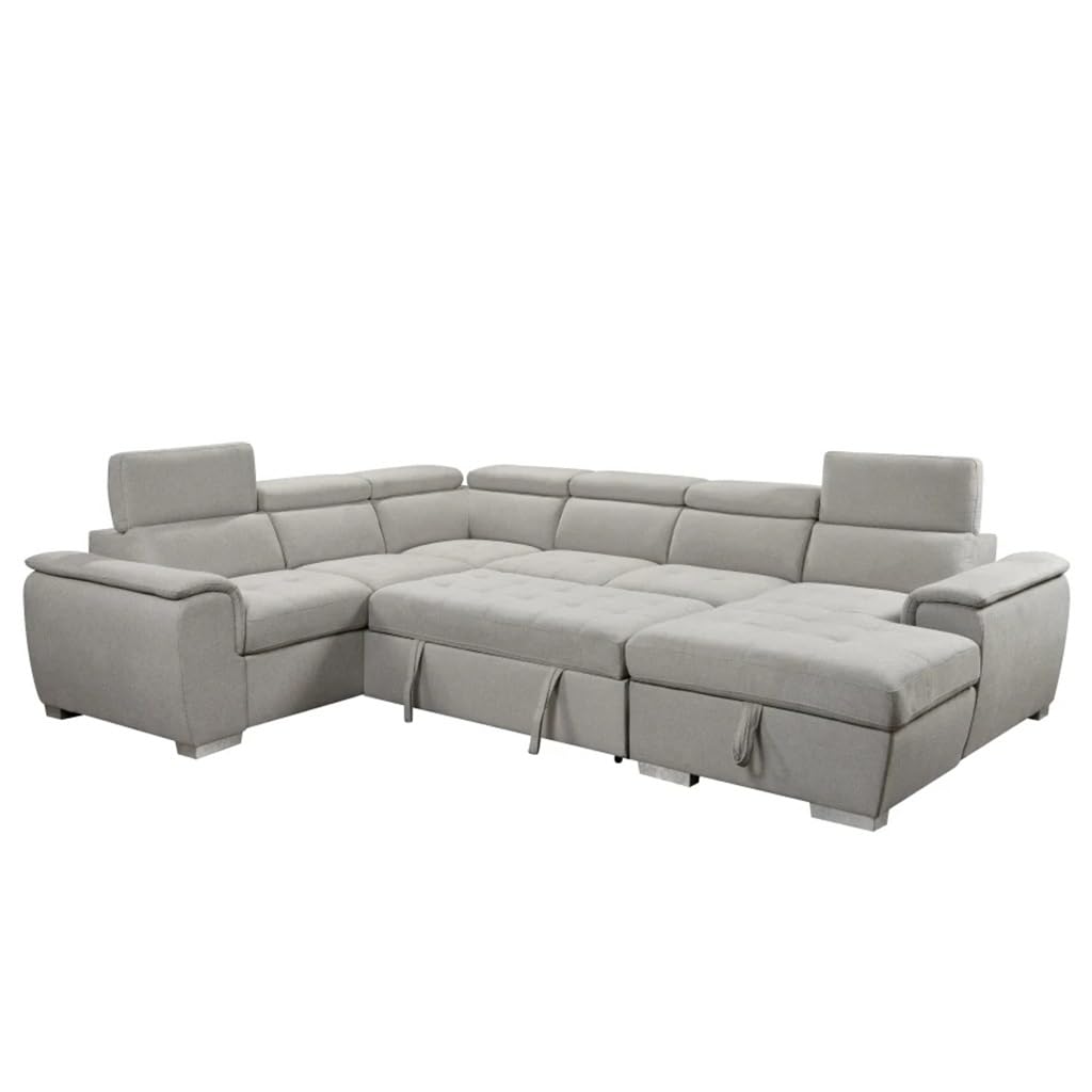 DUYHBAWRS 125" U Shaped 7-seat Sectional Sofa Couch with Adjustable Headrest, Bed with Storage Chaise-Pull Out