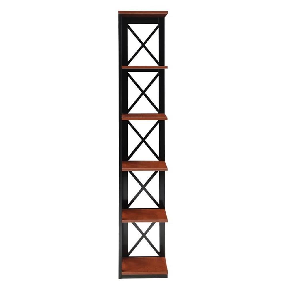 Convenience Concepts Oxford Corner Bookcase 12" - 5-Tier Slim Farmhouse Bookcase for Modern Living & Family Room, Media Storage Organizer for Home Office Library, Tall Shelving Unit, Cherry/Black