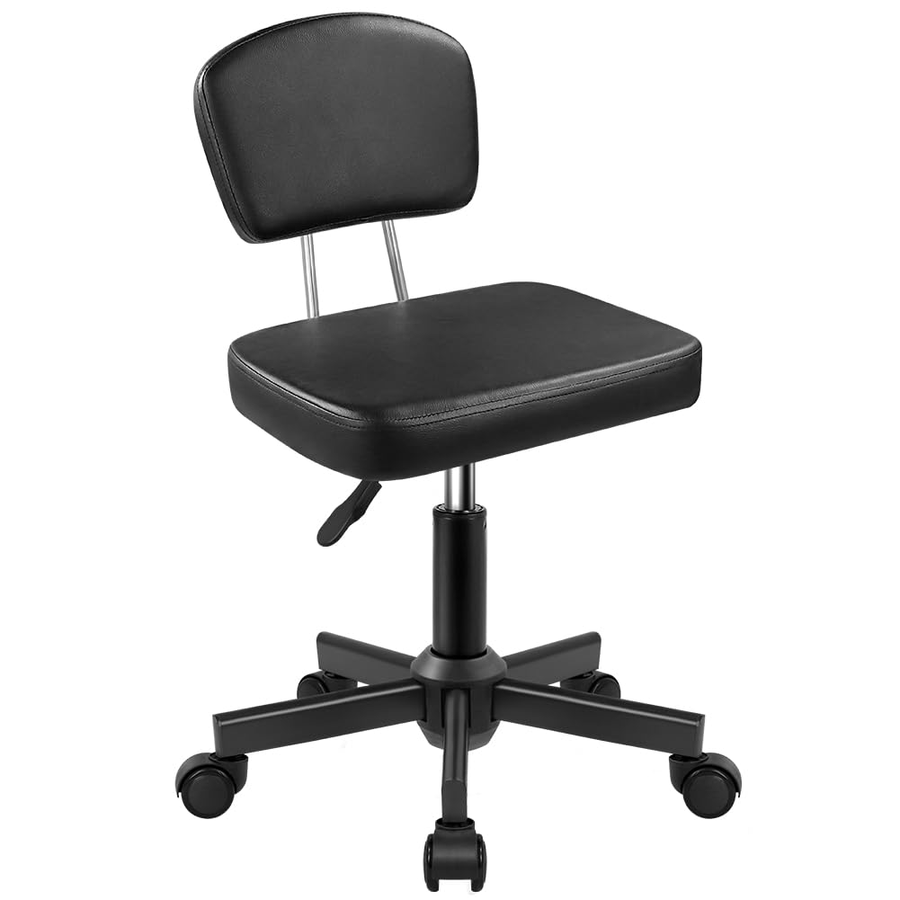 WKWKER Rolling Stool Chair with Backrest Height Adjustable 360° Swivel Stool with Wheels Square Seat PU Leather Rolling Stool for Bedroom Counter Shop Salon Massage Home Office Drafting Work (Black)