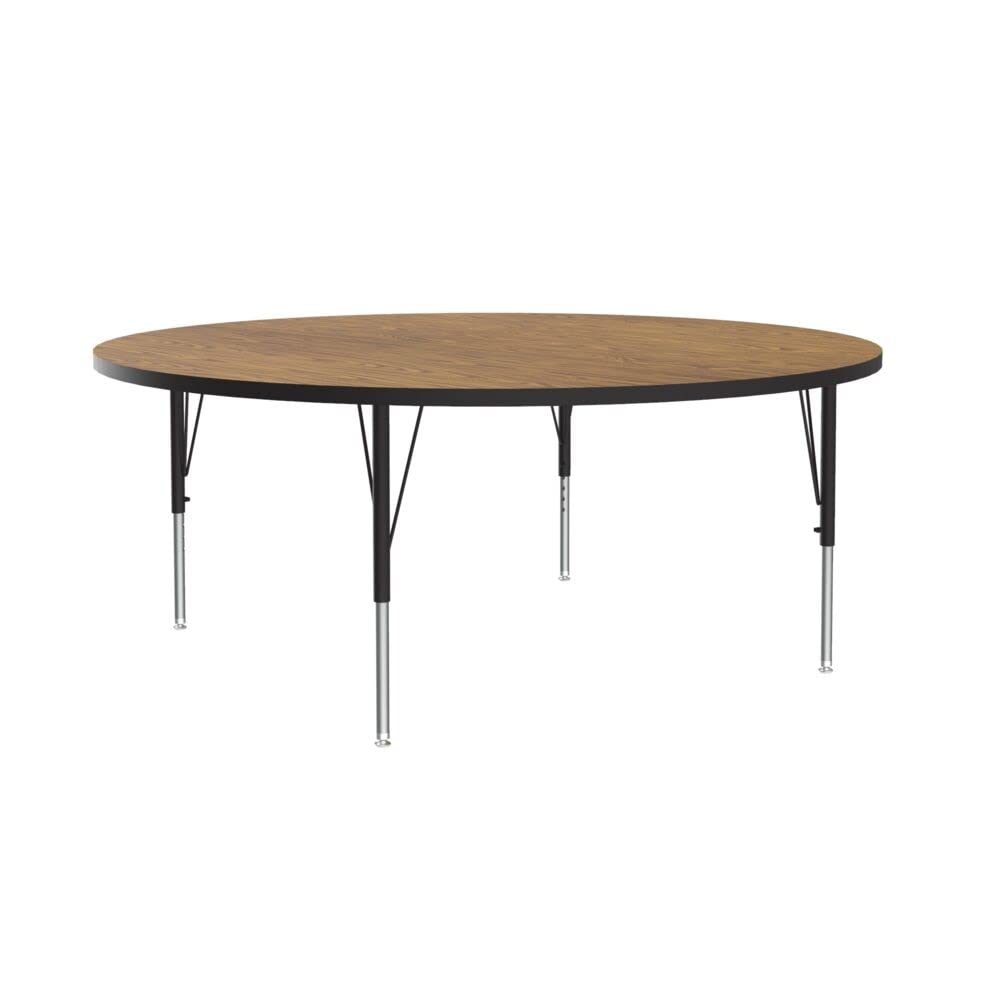 Correll 48" Round Econoline Classroom Activity Table, Medium Oak Melamine Top, Height Adjustable (19"-29"), Black/Chrome Legs, School Furniture, Made in The USA