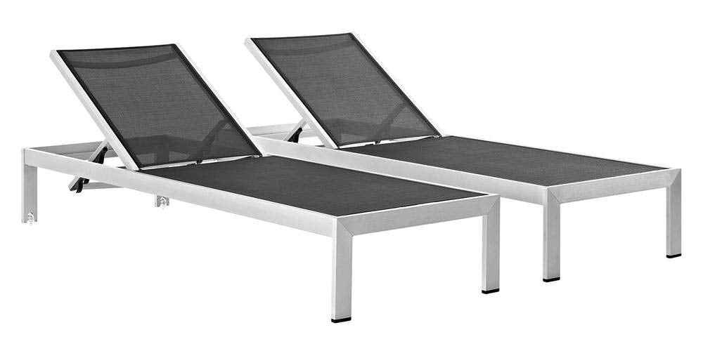 Modway Shore Outdoor Patio Chaise Aluminum Chair (Set of 2), Silver/Black, 2 Mesh Chaise