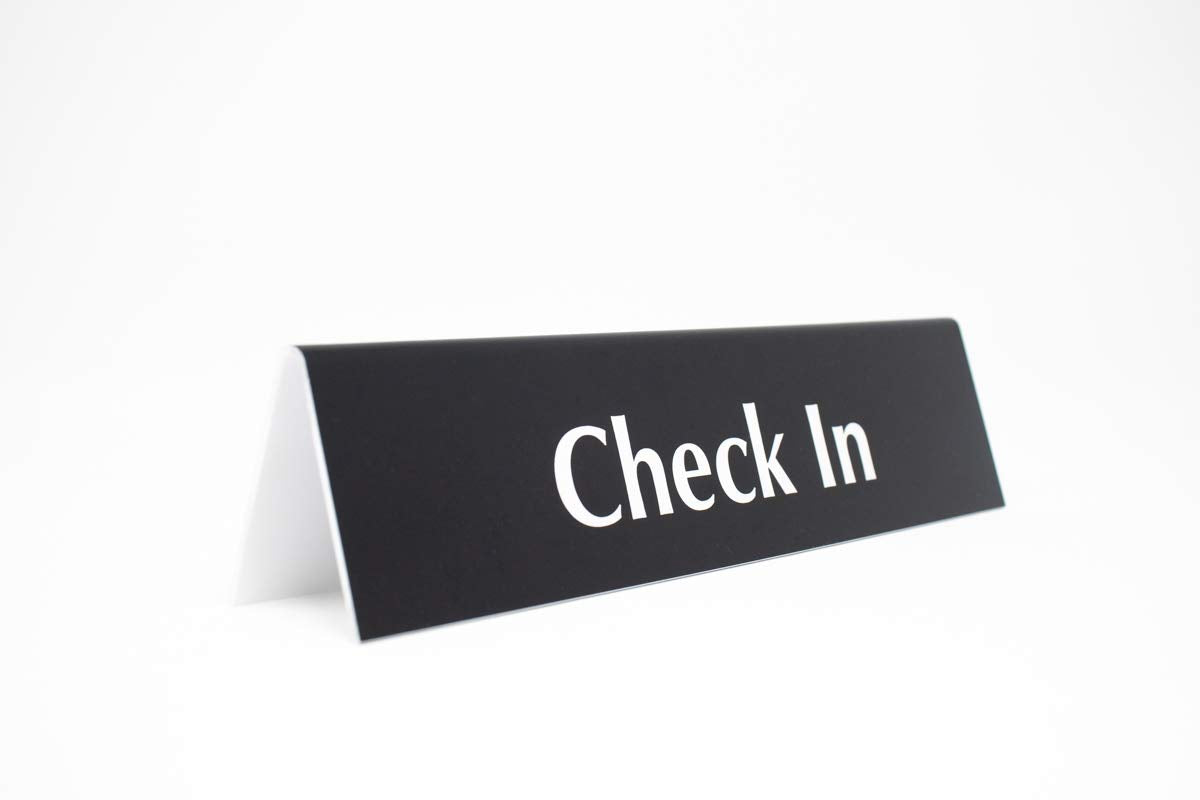 Check In Sign | Reception Desk & Lobby Counter Signs | Waiting Room Signage | Laser Engraved & Double Sided | 9” x 2” Black Acrylic | Made In USA