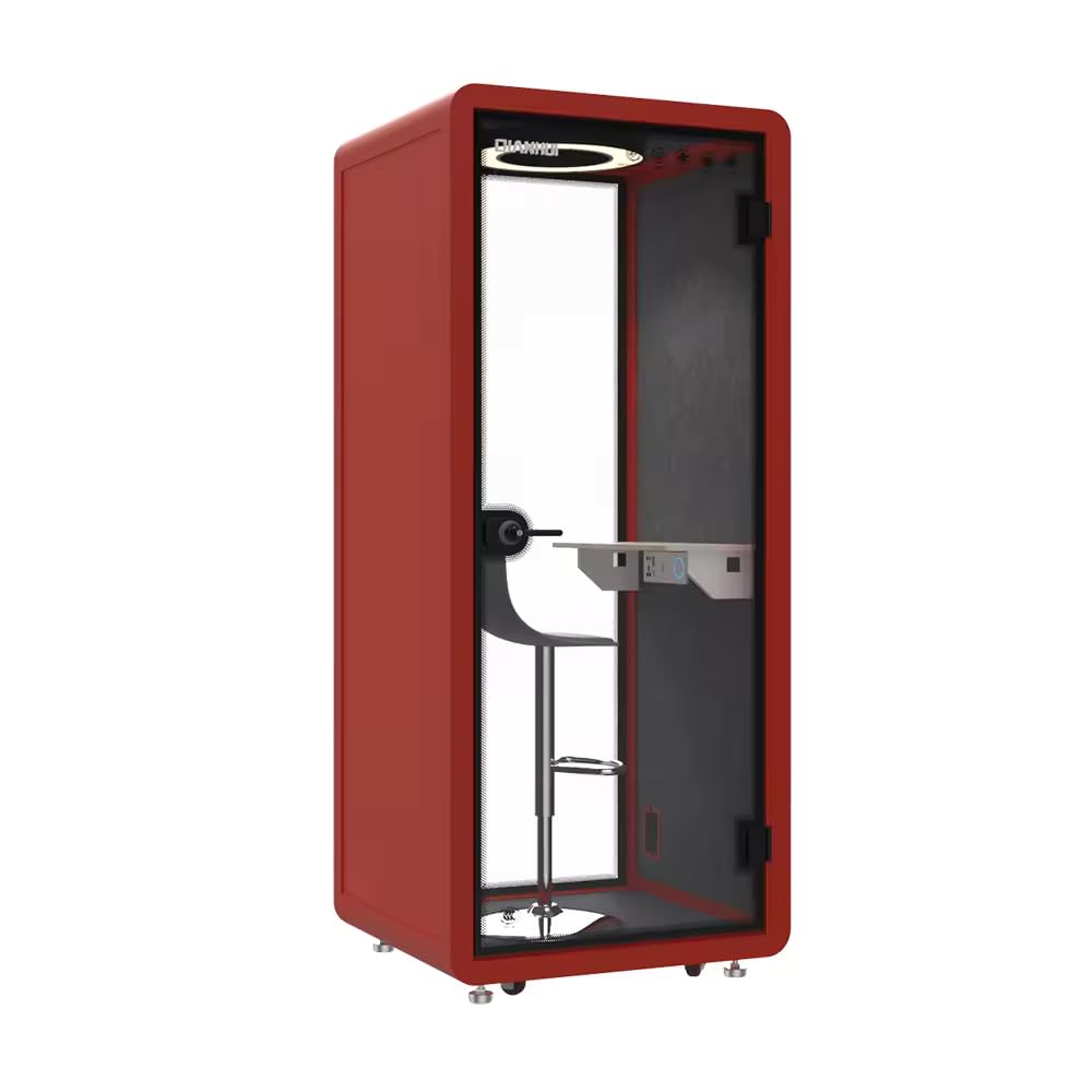 Electric Height Adjustable Office Pod Booth, Mobile Sound Proof Booth, Sound Pod with Wheels and Feet, Build-in Table Top, LED Lighting System, AC, USB Ports (Maroon, W 40 x D 39 x H 91 Inch)