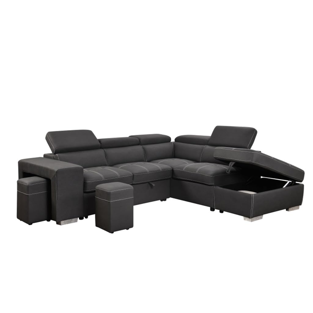 105" Sectional Sofa with Adjustable Headrest,Sleeper Sectional Pull Out Couch Bed with Storage Ottoman and 2 Stools