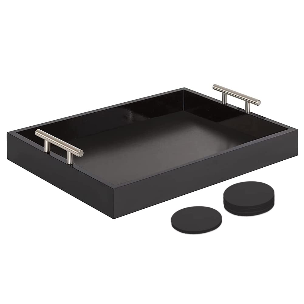 Juleduo Serving Tray 16.5“X 13“Deluxe Wooden Ottoman Tray for Coffee Table with Polished Silver Metal Handles and 4 Coasters, Living Room Bathroom Coffee Bar Organizer Modern Decorative Black