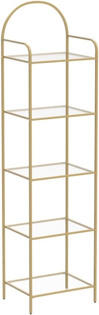 Hzuaneri Bookcase Bookshelf, Tempered Glass Bookshelves, Slim Shelving Unit for Bedroom, Bathroom, Home Office, Steel Frame, 5 Tier Gold BC05001G