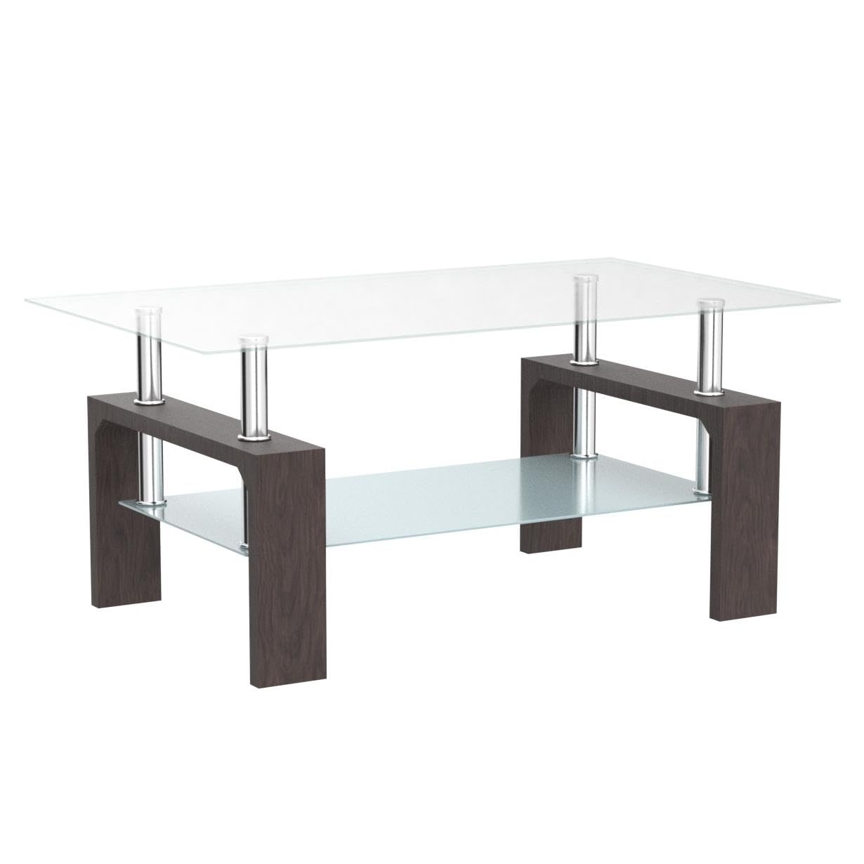 Btrpily Walnut Rectangular Coffee Table, 39.5in x 23.5in x 17.5in, Glass Tabletop with Lower Shelf, Adjustable Bottom Corners