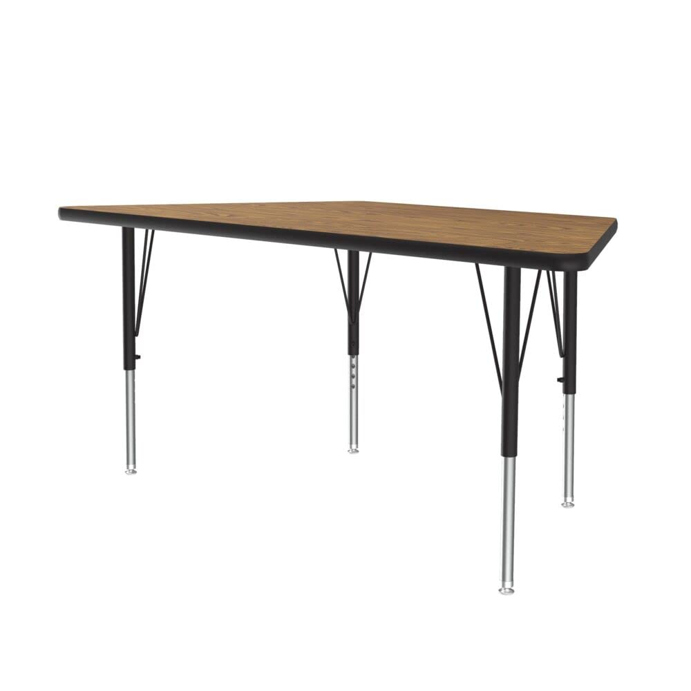 Correll 30"x60" Trapezoid Shaped Econoline Classroom Activity Table, Medium Oak Melamine Top, Height Adjustable (19"-29"), Black/Chrome Legs, School Furniture, Made in The USA