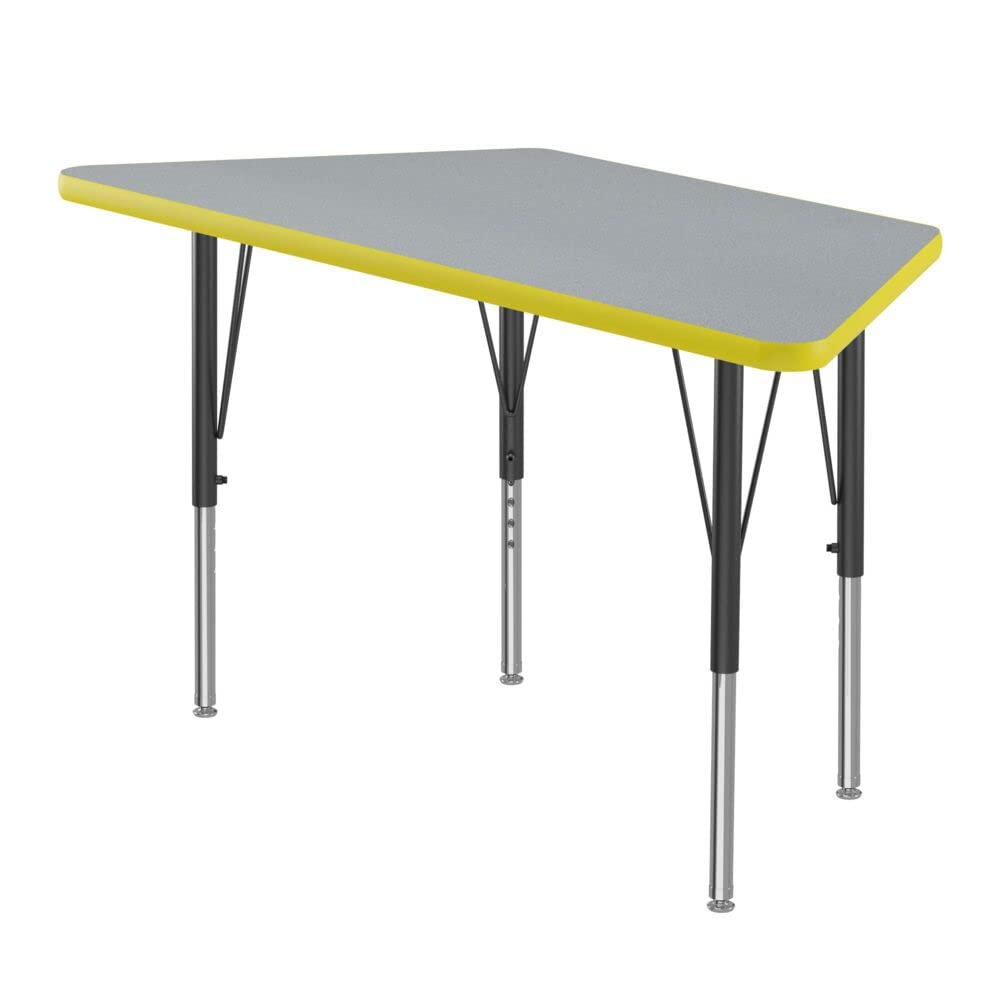 Correll 24" x 48" Trapezoid Classroom Activity Table, Height Adjustable (19"-29") Gray Granite Top, Yellow Edge, Durable High Pressure Laminate, Black/Chrome Base, School Furniture, Made in The USA