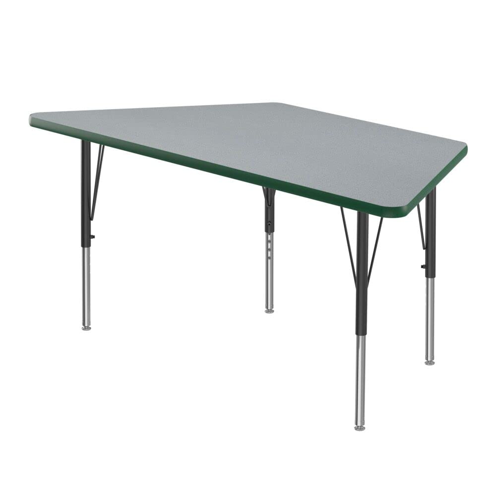 Correll 30" x 60" Trapezoid Classroom Activity Table, Height Adjustable (19"-29") Gray Granite Top, Green Edge, Durable High Pressure Laminate, Black/Chrome Base, School Furniture, Made in The USA