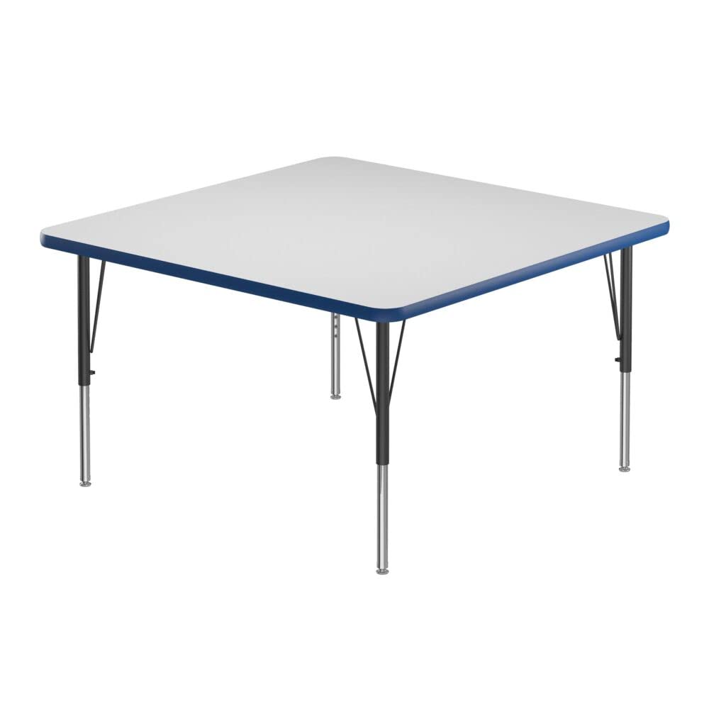 Correll 48" Square Classroom Activity Table, Height Adjustable (19"-29") Markerboard/Dry Erase Durable High Pressure Top, Blue Edge, Black/Chrome Legs, School Furniture, Made in The USA