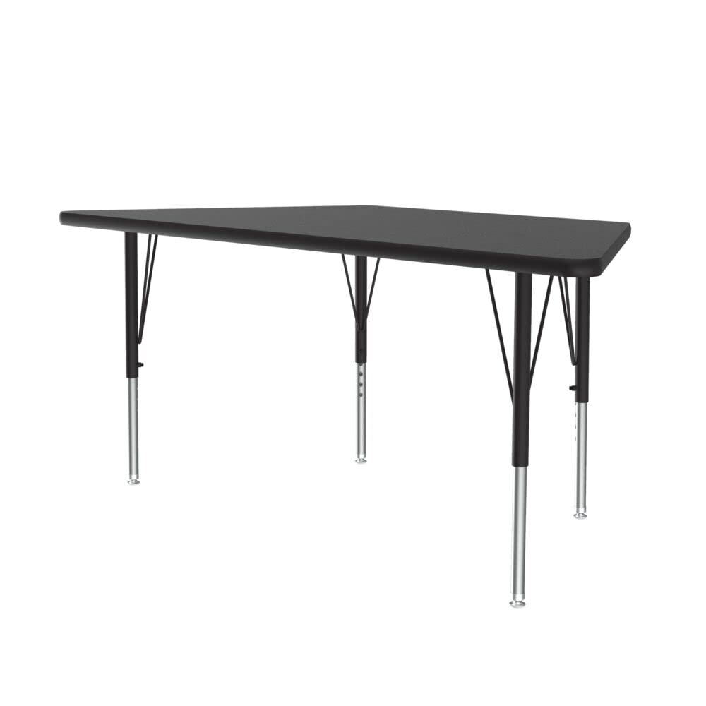 Correll 30"x60" Trapezoid Shaped Econoline Classroom Activity Table, Black Granite Melamine Top, Height Adjustable (19"-29"), Black/Chrome Legs, School Furniture, Made in The USA