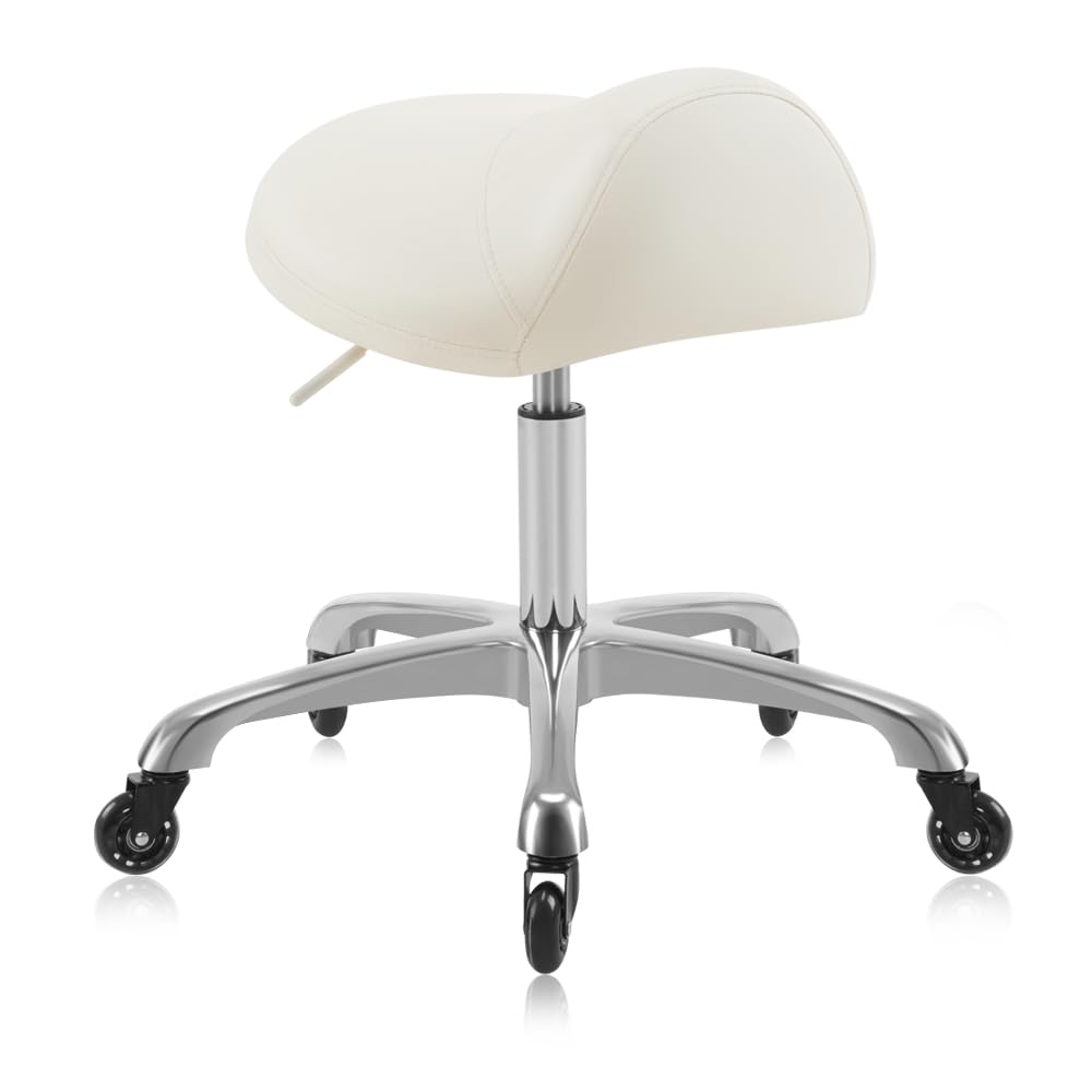 DR.LOMILOMI Heavy-Duty Ergonomic Pneumatic Swivel Rolling Saddle Stool with Extra Wide Seat for Hygienic Clinic Spa Massage Home and Office - 505 KIMO (Vanilla)