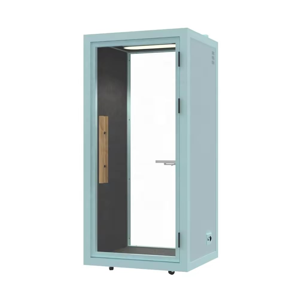 Electric Height Adjustable Office Pod Booth, Mobile Sound Proof Booth, Sound Pod with Wheels and Feet, Build-in Table Top, LED Lighting System, AC, USB Ports (Light grey Blue, W 40 x D 39 x H 91 Inch)