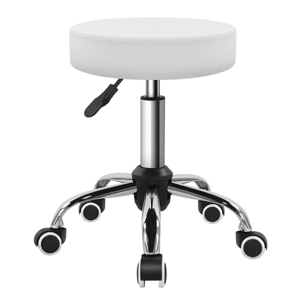 BFTOU PU Leather Swivel Stool with Wheel for Salon Work Home SPA Shop Height-Adjustable and Cost-Effective Rolling Stool Chair Small (White)