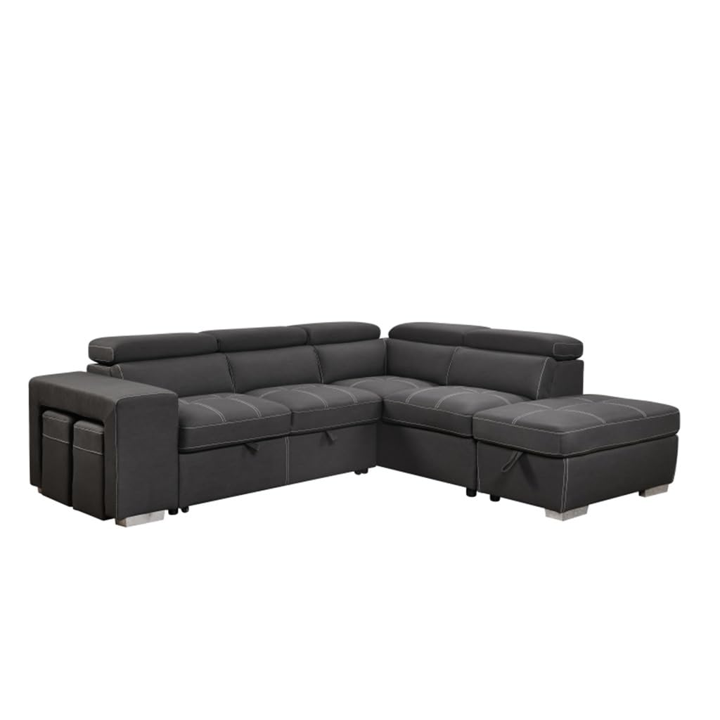 105" Sectional Sofa with Adjustable Headrest,Sleeper Sectional Pull Out Couch Bed with Storage Ottoman and 2 Stools