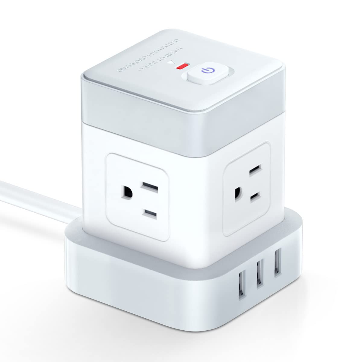Baykul Power Strip with USB, 4 Outlet 3 USB Ports (3 USB-A) Power Strip Cube, 10 ft Extension Cord, Flat Plug Surge Protector, Kitchen, Home, Office, Travel, White