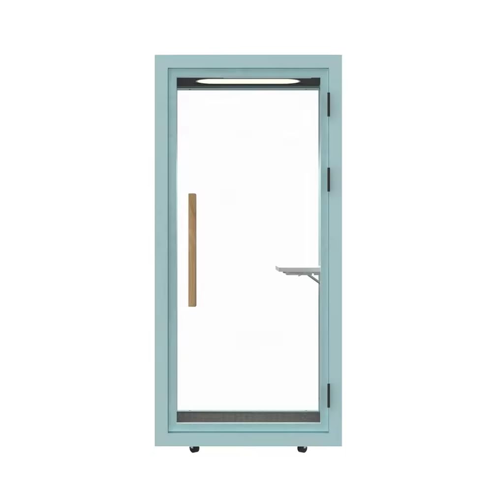 Electric Height Adjustable Office Pod Booth, Mobile Sound Proof Booth, Sound Pod with Wheels and Feet, Build-in Table Top, LED Lighting System, AC, USB Ports (Light grey Blue, W 40 x D 39 x H 91 Inch)