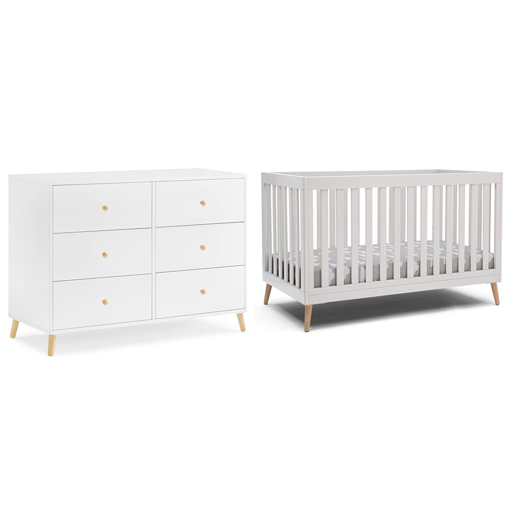 Delta Children Essex 6 Drawer Dresser and 4-in-1 Convertible Crib, Bianca White/Natural