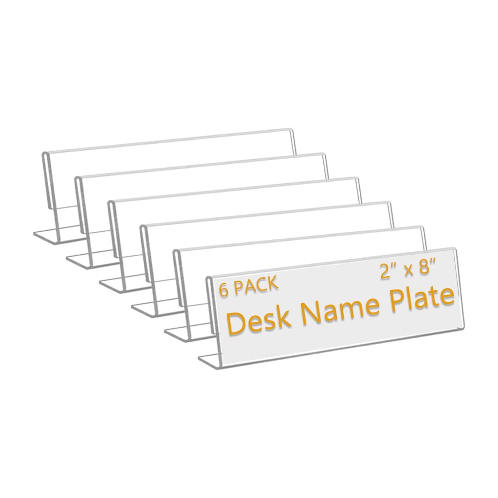 6 Pack 8"W x 2"H Acrylic Office Name Plates Name Labels for Desks, Horizontal Slant Back Clear Desk Sign Holder for Table Display