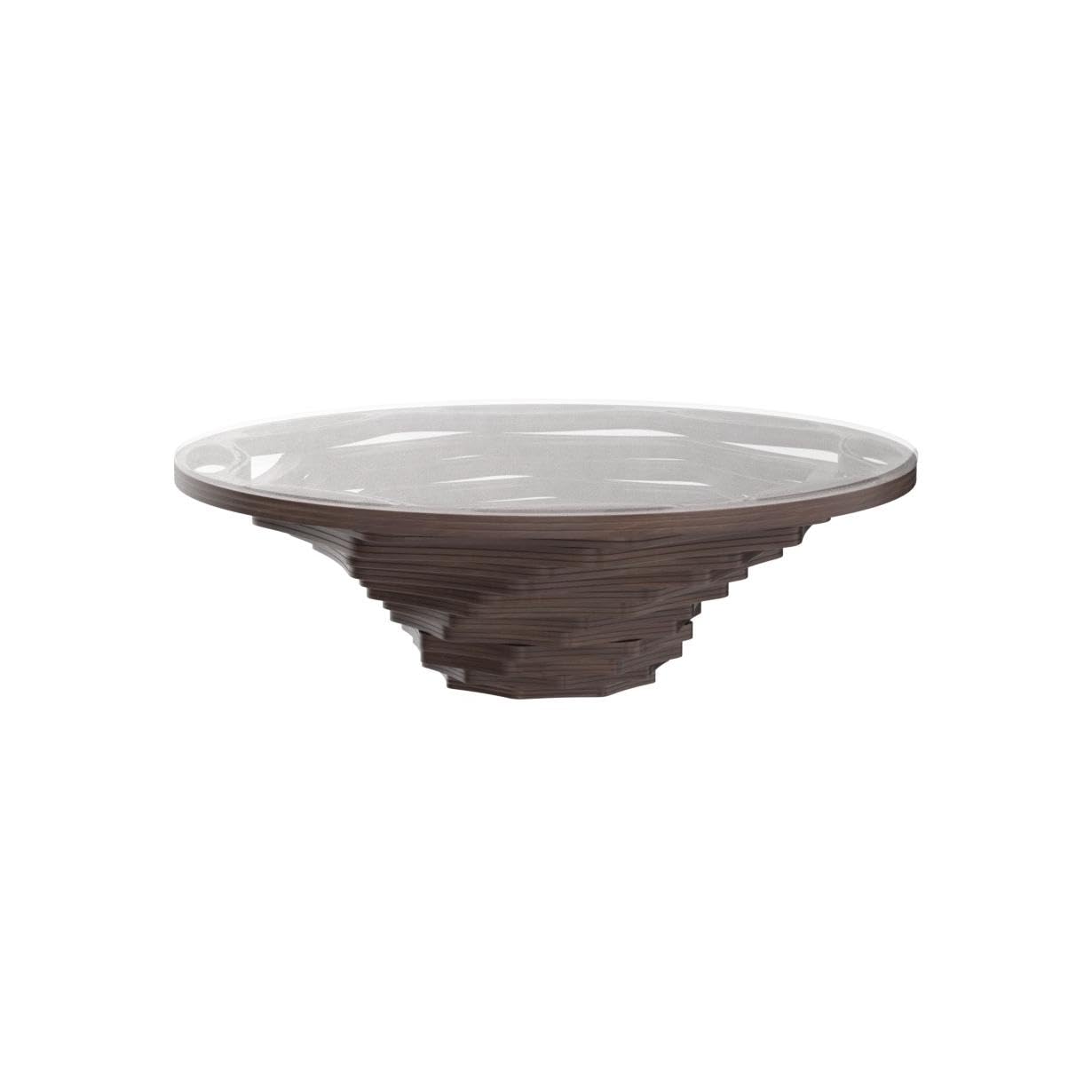 Papella Luxury Round Coffee Table – Sculptural Walnut Base with Smoked Glass Top – Mid-Century Modern Statement Piece for Elegant Interiors & Office Furniture
