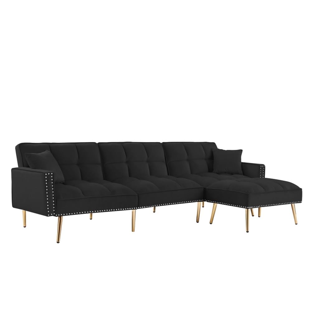 YWMLFZ Black Living Room Sofa Velvet Upholstered Reversible Modular Bed L-Shaped with Metal Legs
