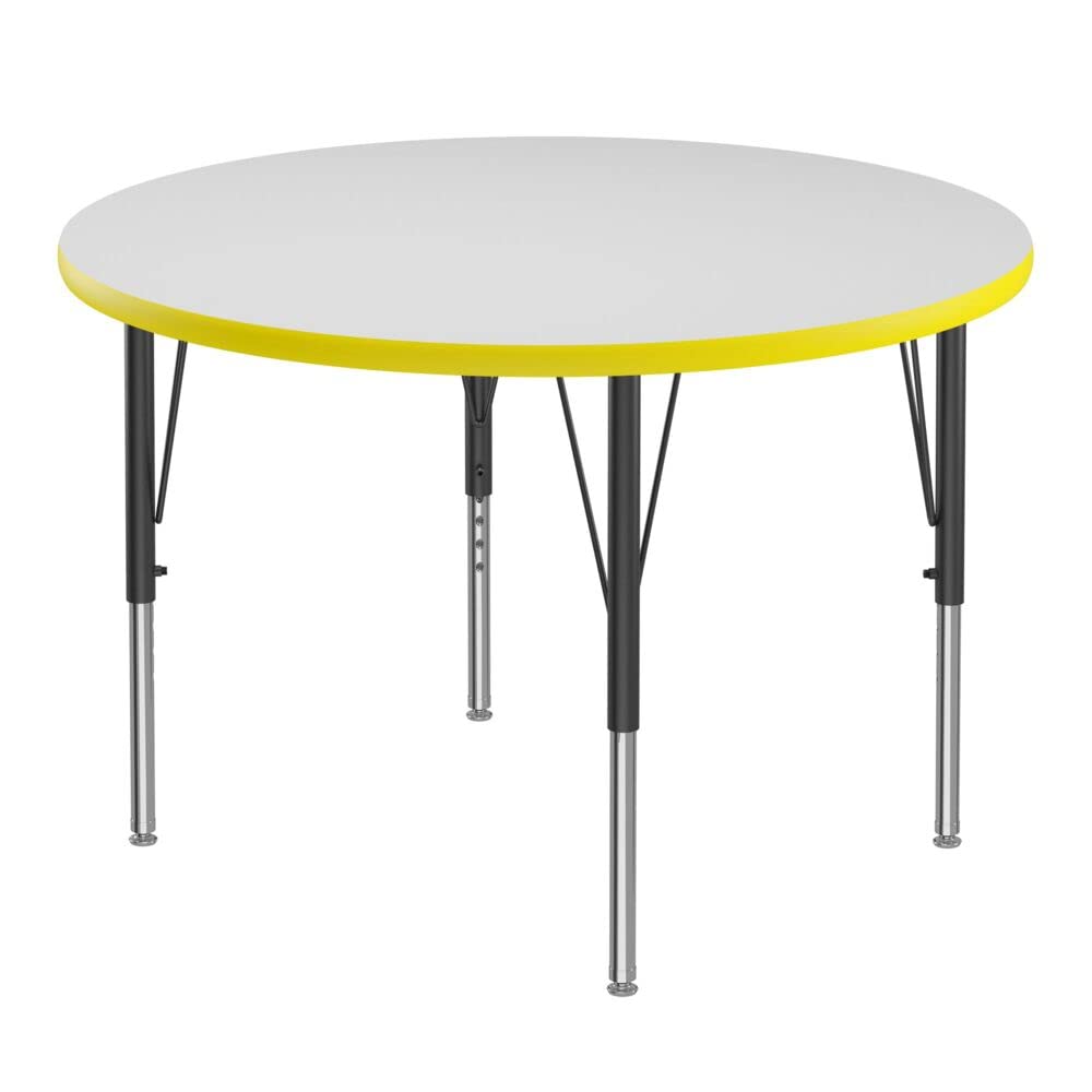 Correll 36" Round Classroom Activity Table, Height Adjustable (19"-29") Markerboard/Dry Erase Durable High Pressure Top, Yellow Edge, Black/Chrome Legs, School Furniture, Made in The USA