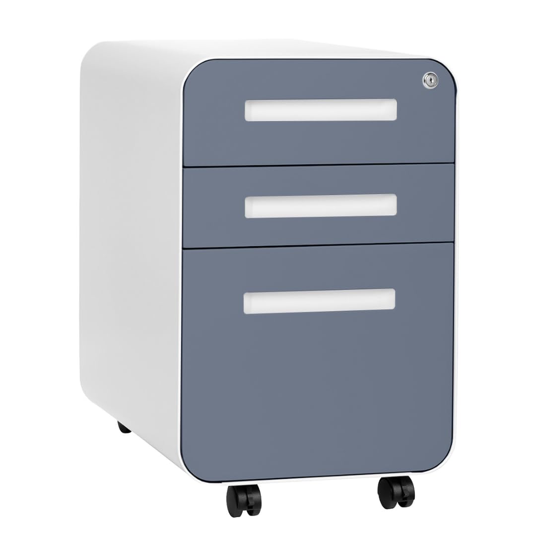 Laura Davidson Furniture Stockpile 3 Drawer File Cabinet with Lock - Under Office Desk Metal Filing Cabinet, Legal/Letter File Folders, Wheels and Stationary Feet, Pre-Assembled, Coastal Blue