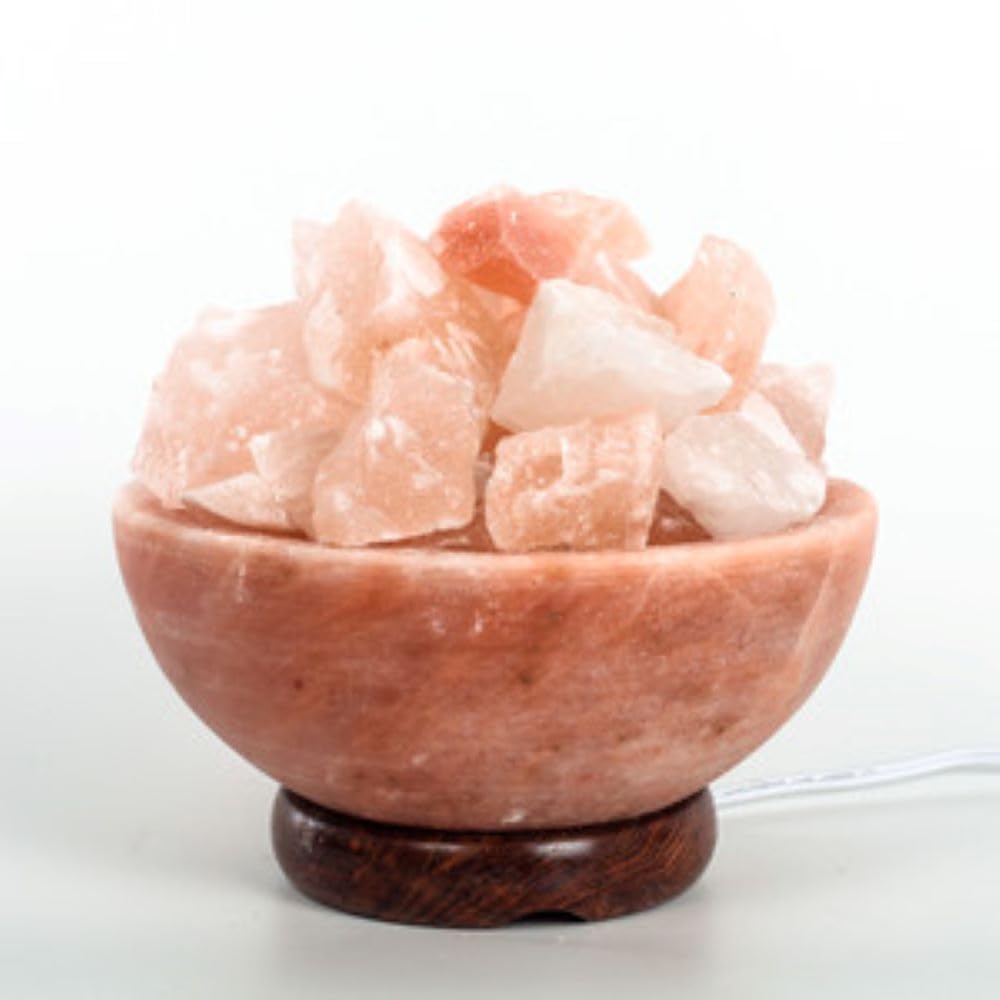 Himalayan Salt Bowl with Chunks on Wooden Base.