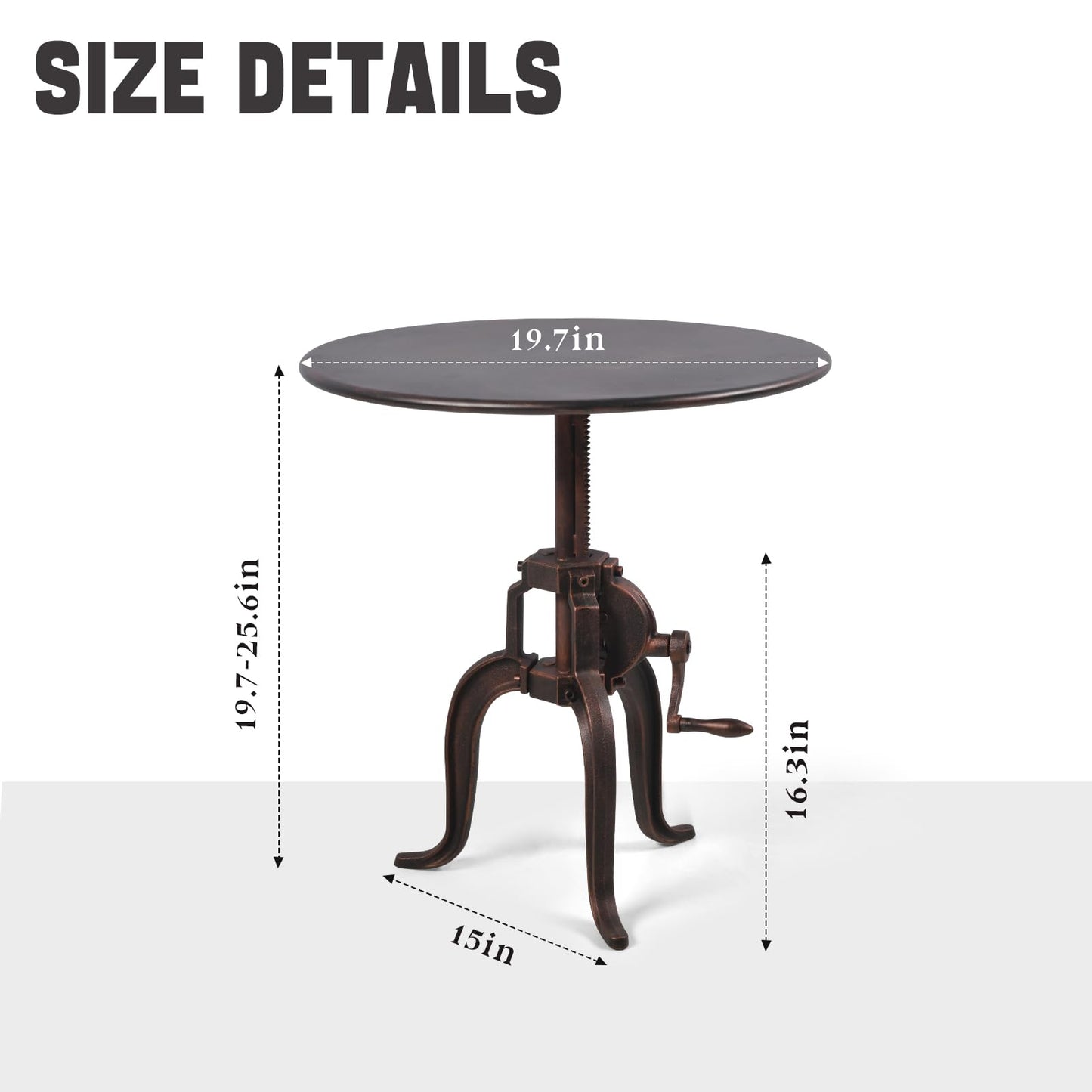 Topower Industrial Retro Side Table Antique Mechanic Crank Height Ajustable Metal Top Three-Legged Farmhouse Accent End Table Copper